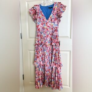 NWT Lulu's Desire Multi Floral Satin Pleated Tiered Midi Dress